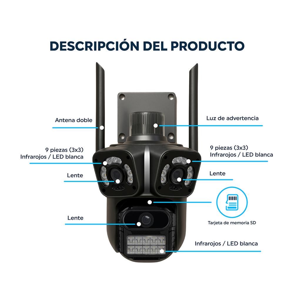 Cámara De Seguridad 360°Triple Lente UHD Visión Nocturna Alarma