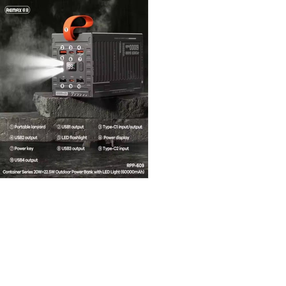 Cargador portátil Remax modelo rpp 609 con luz led 60000 mah 20w 22.5w gris