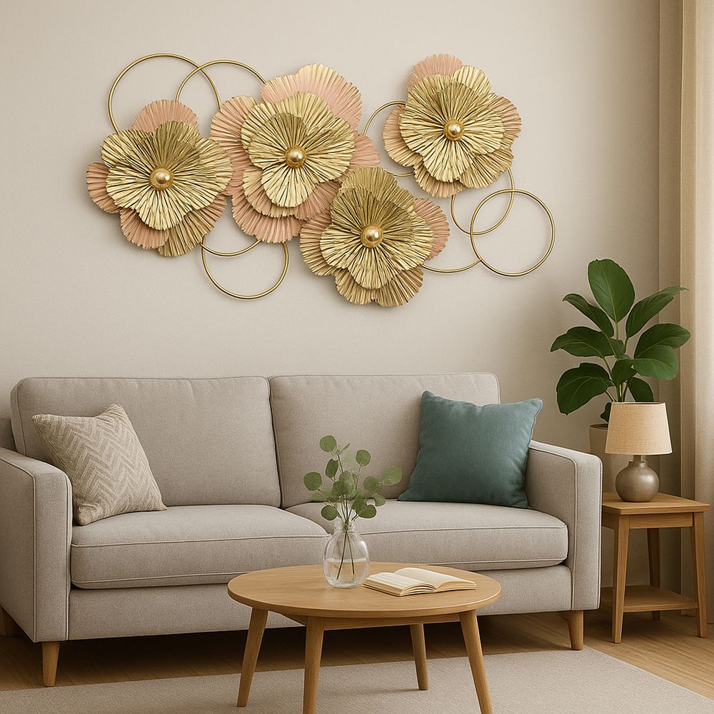 Escultura Metal Flores Dorado 59 Cm