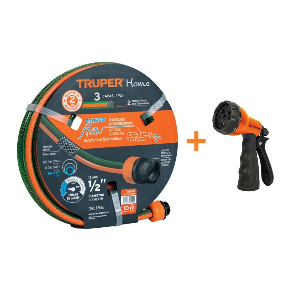 Combo Manguera de Riego 1/2" 10 Metros y Pistola de Riego 8 funciones Truper