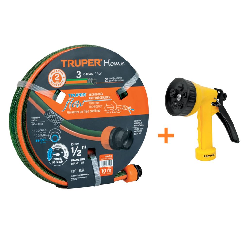 Combo Manguera de Riego 1/2" 10 Metros y Pistola de Riego 5 funciones Truper