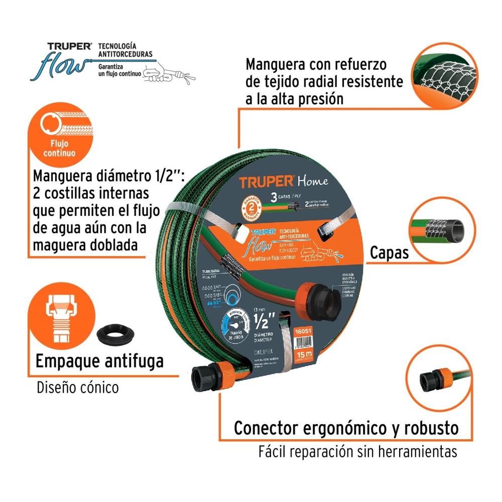 Combo Manguera de Riego 1/2" 15 Metros más Pistola de Riego Metálica y Portamanguera Truper