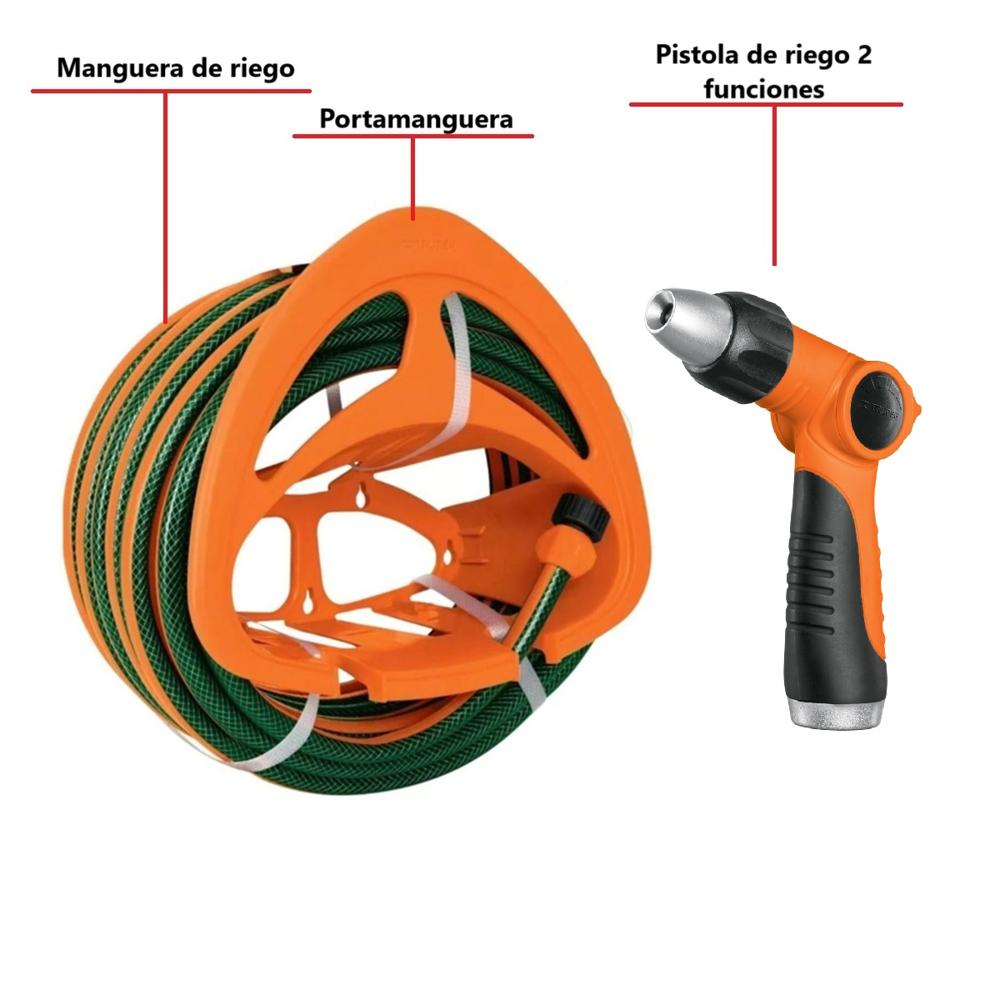 Combo Manguera de Riego 1/2" 10 Metros más Pistola de Riego 2 funciones y Portamanguera Truper