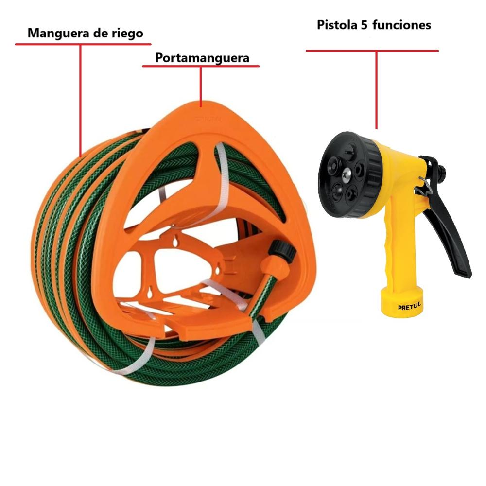 Combo Manguera de Riego 1/2" 20 Metros más Pistola de Riego 5 funciones y Portamanguera Truper