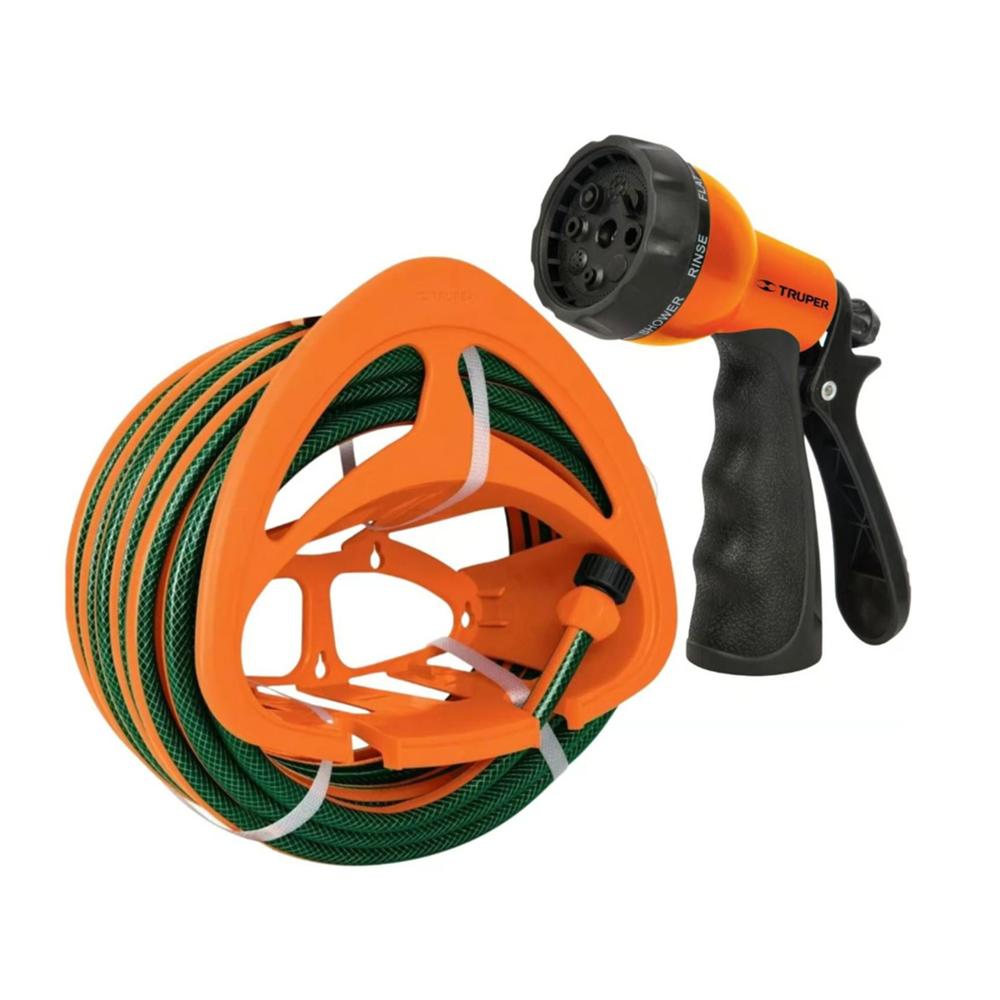 Combo Manguera de Riego 1/2" 10 Metros más Pistola de Riego 8 funciones y Portamanguera Truper