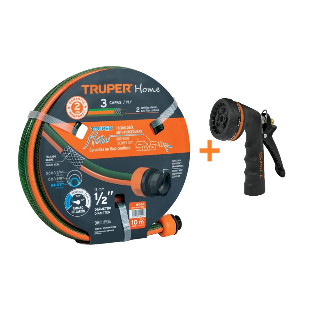 Combo Manguera de Riego 1/2" 10 Metros y Pistola de Riego Metalica Truper