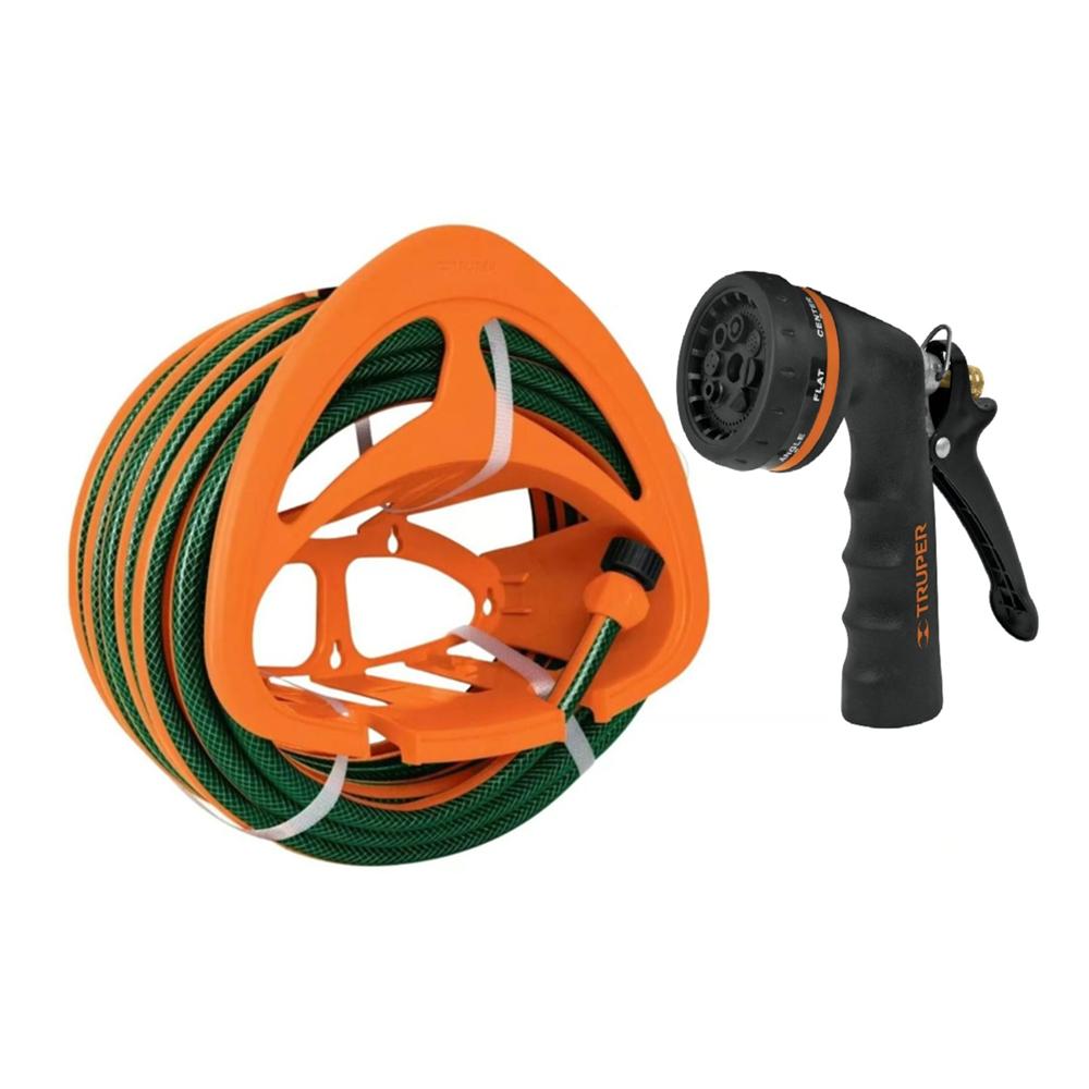 Combo Manguera de Riego 1/2" 10 Metros más Pistola de Riego Metálica y Portamanguera Truper