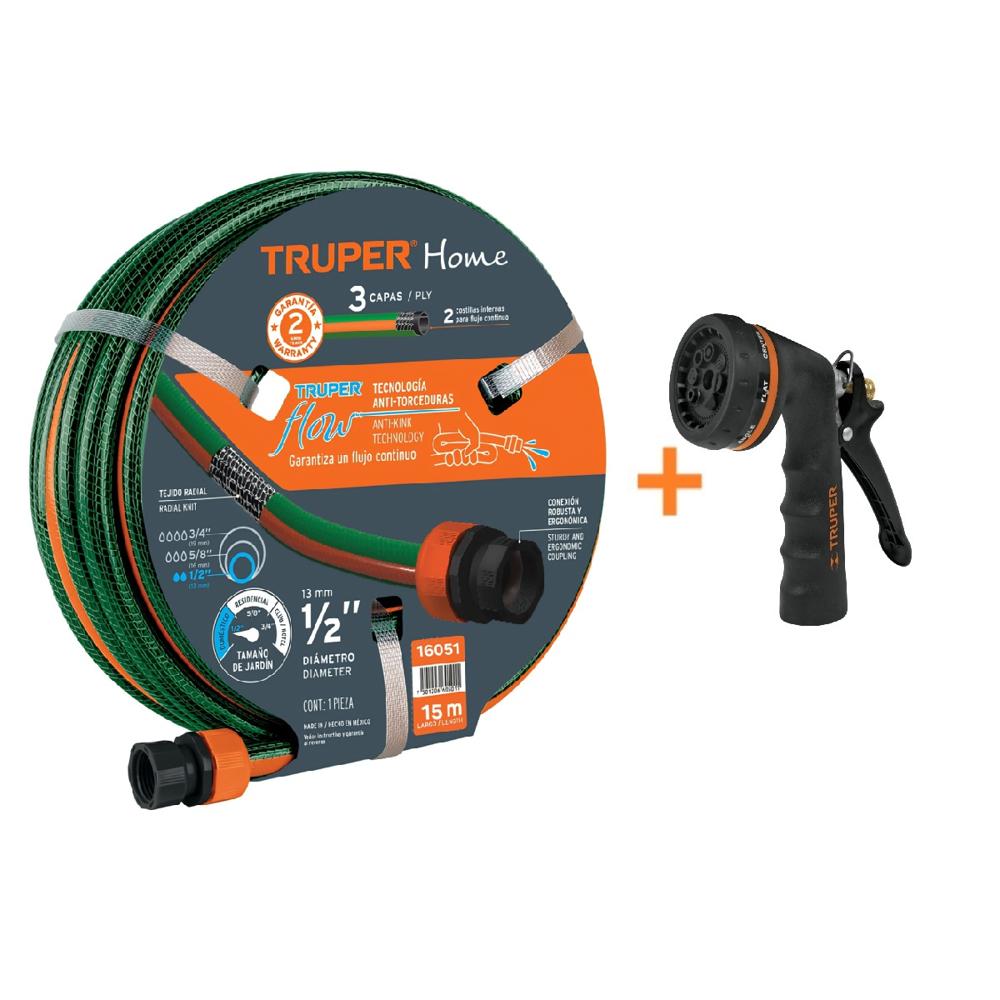 Combo Manguera de Riego 1/2" 15 Metros y Pistola de Riego Metálica Truper