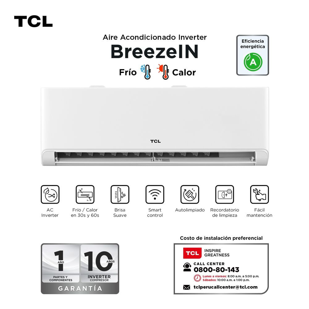 Aire Acondicionado TCL 12000 BTU BreezeIN Split Inverter Frio Calor Con Wifi TAC-12CHSAI/TPH11