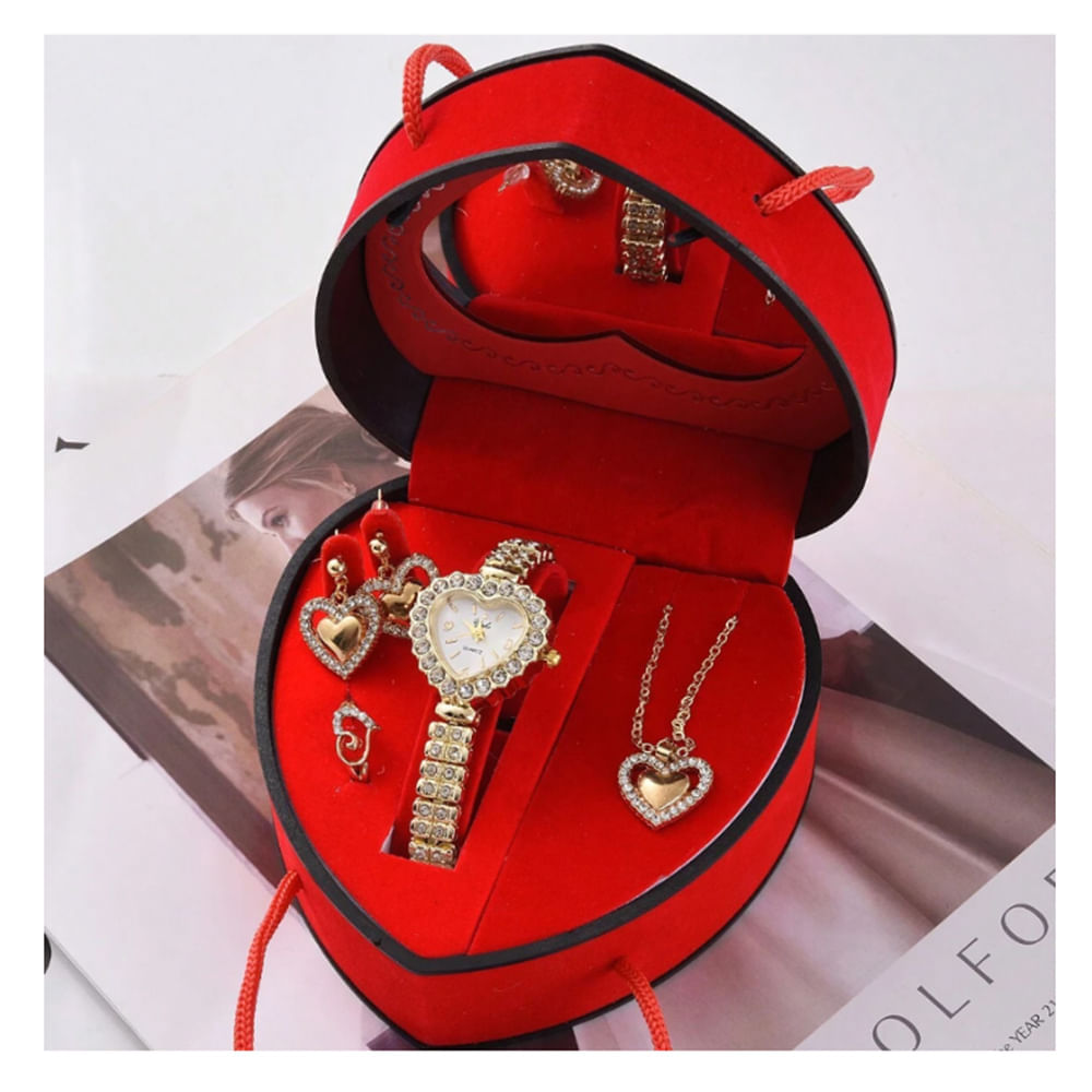 Set Joyas Reloj Dorado Arete Anillo Collar Espejo Cofre Día de Madre