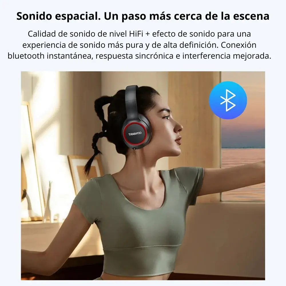 Audífonos Bluetooth 5.3 TRANYOO BASS Música 100 Horas Sonido 360º T-H6