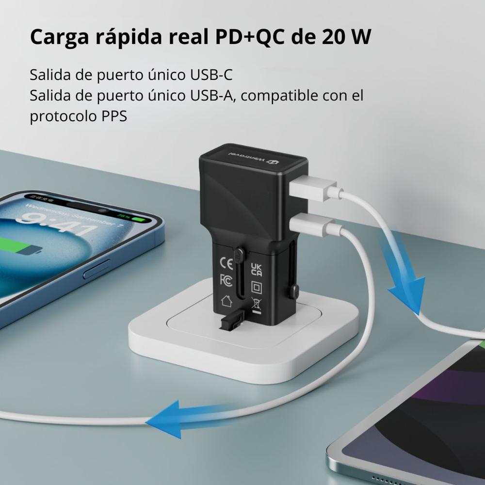 Cargador de Viaje PD 20W Puerto USB + Tipo C 100-240V SANCI SC-C7970