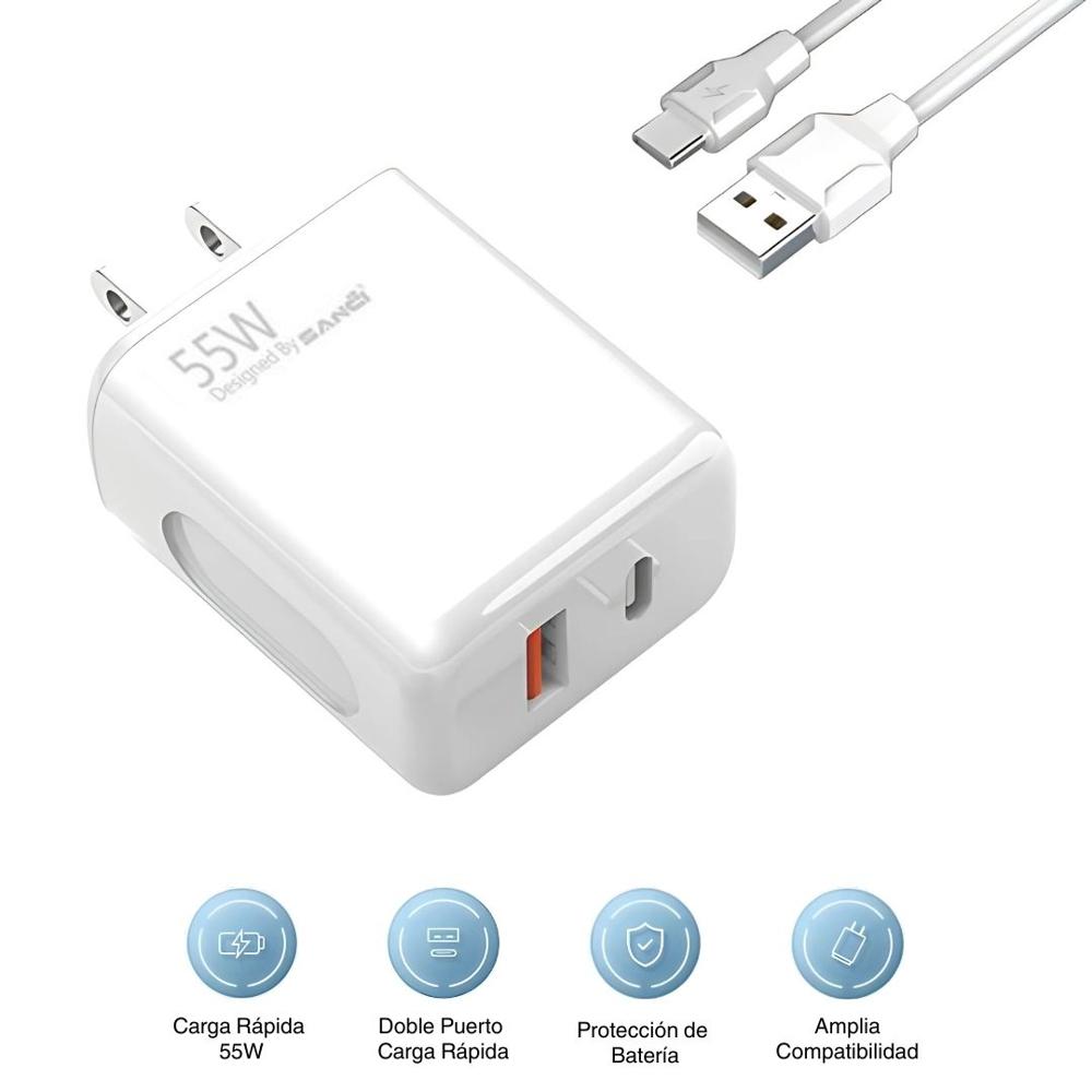 Cargador SANCI SC-T1126T Carga Rápida 55W Dual Tipo C + USB