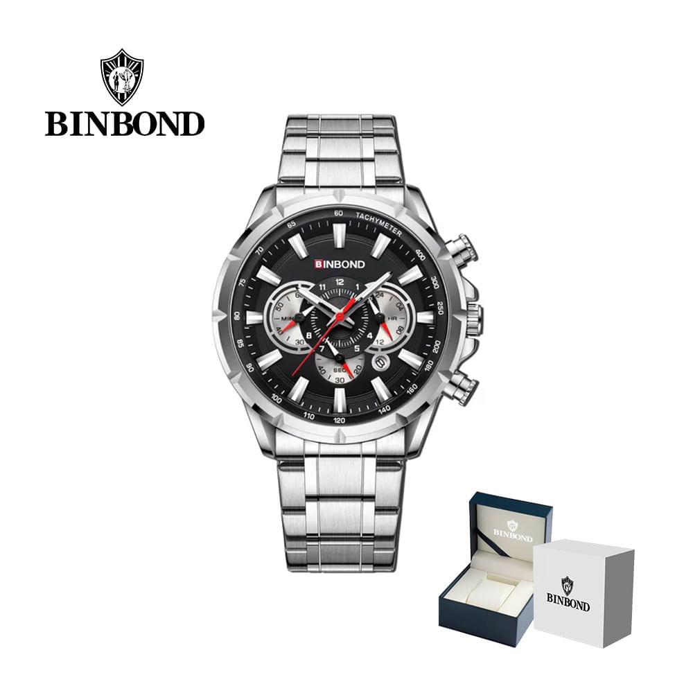 Reloj BINBOND para Hombre - Elegante - Negro-Plata - Acero