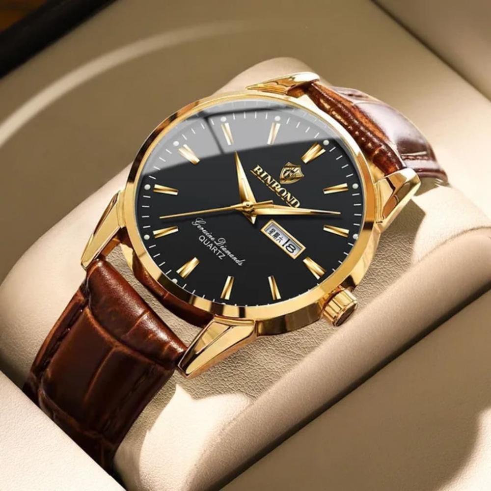 Reloj BINBOND para Hombre - Elegante -Negro/Oro  Cuero
