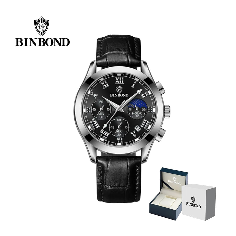 Reloj BINBOND para Hombre - Elegante - Cuero - Negro/Plata