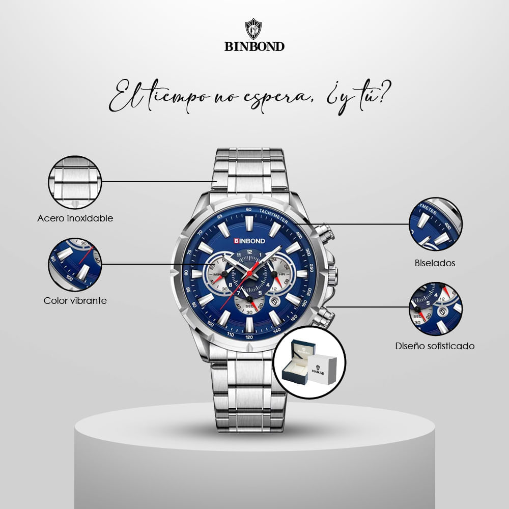 Reloj BINBOND para Hombre - Elegante - Azul/Plata - Acero