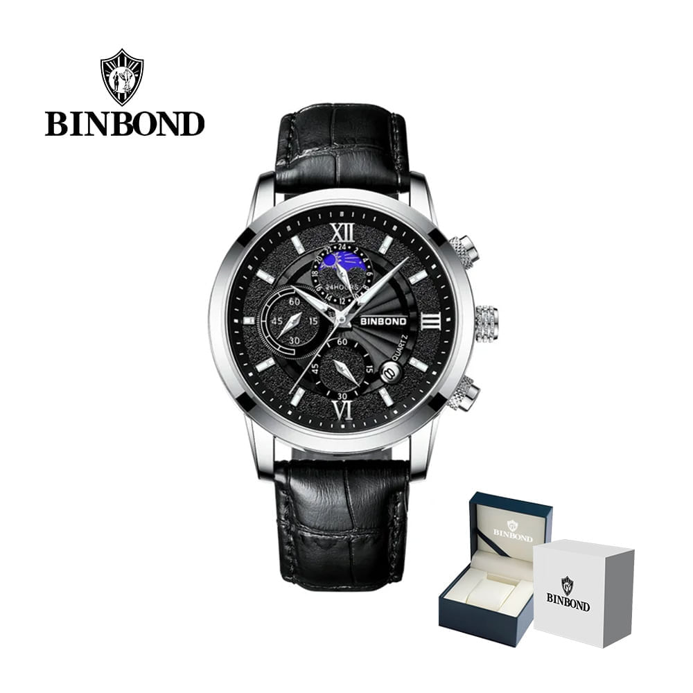 Reloj BINBOND para Hombre - Elegante - Cuero Negro/Plata