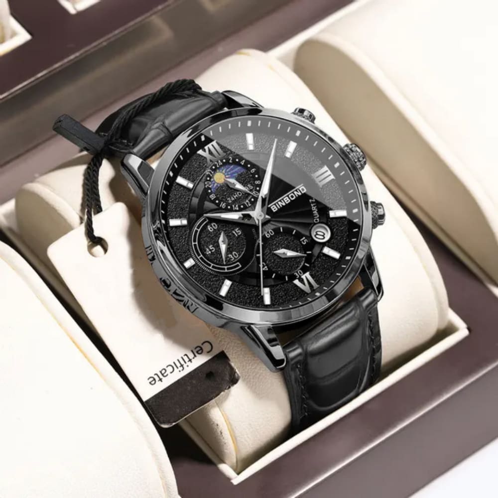 Reloj BINBOND para Hombre - Elegante - Cuero Negro/Negro