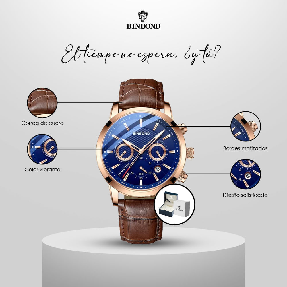 Reloj BINBOND para Hombre - Azul/Oro - Cuero