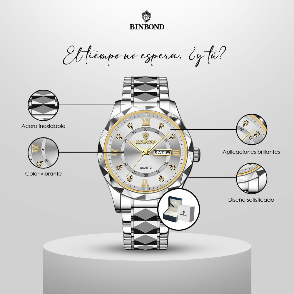 Reloj BINBOND Elegante para Hombre - Acero - Oro/Plata