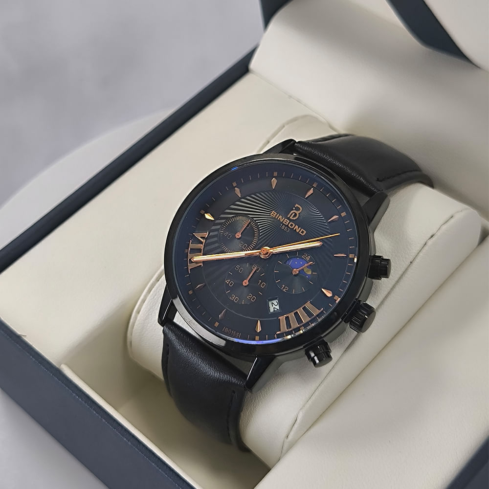 Reloj BINBOND para Hombre - Cuero Negro/Oro