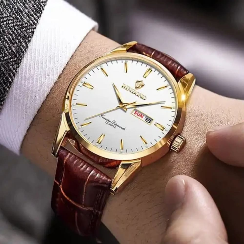 Reloj BINBOND para Hombre - Elegante -Blanco/Oro  Cuero