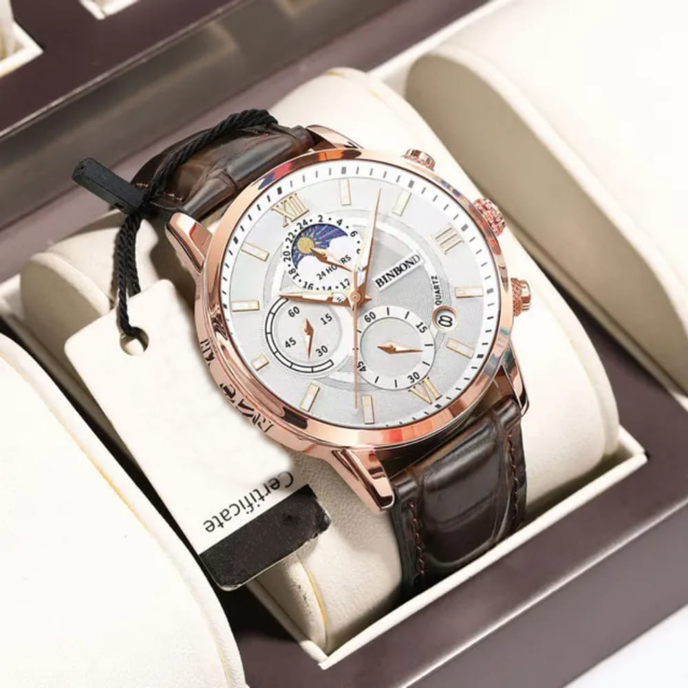 Reloj BINBOND para Hombre - Elegante - Cuero Blanco/Oro