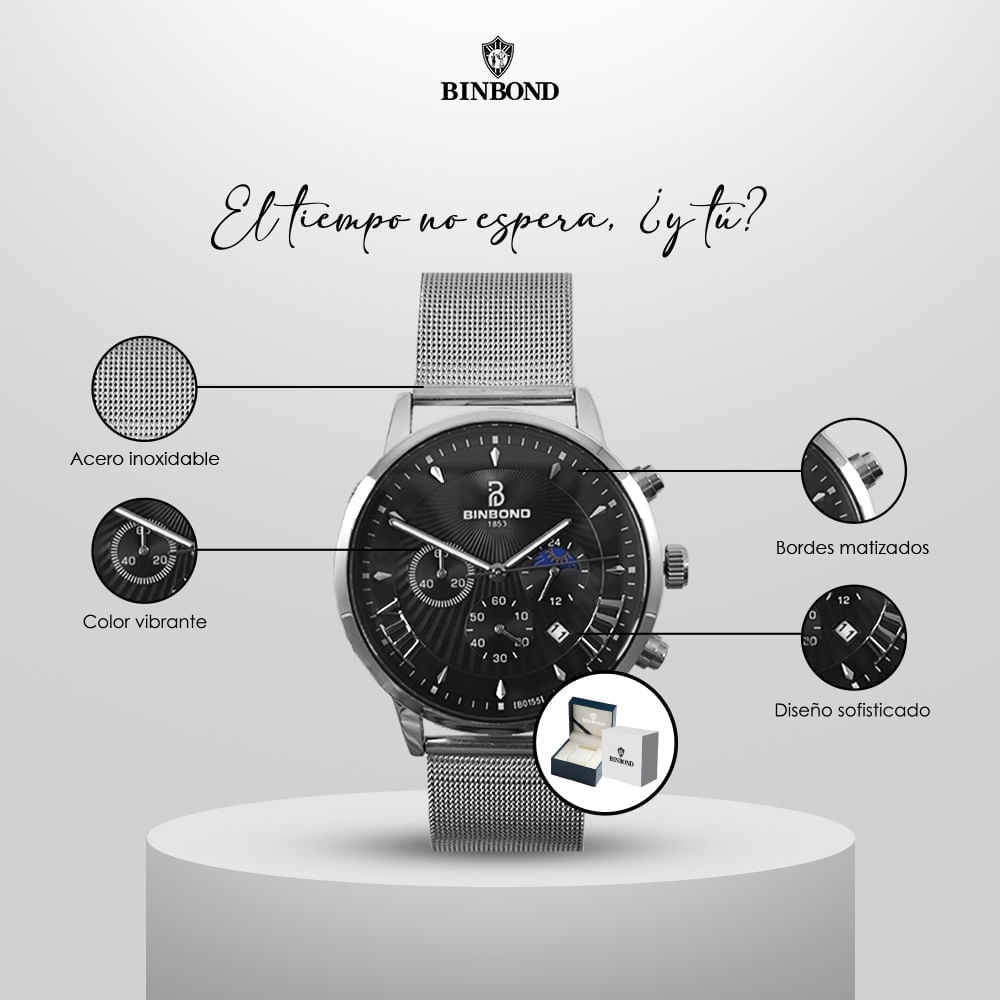 Reloj BINBOND para Hombre - Negro/Plata Acero