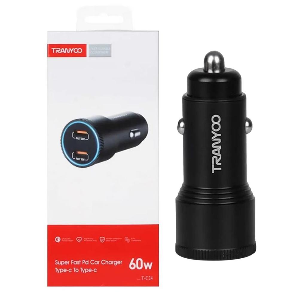 Cargador Auto 2 Puertos Tipo C 60W QC5.0 Carga Rápida TRANYOO T-C24