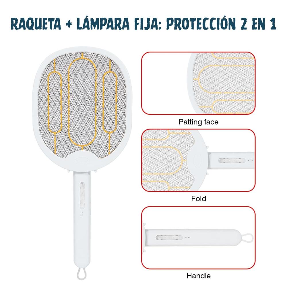 Raqueta Plegable 180° Mata Mosca Mosquito Recargable Con Usb Blanco