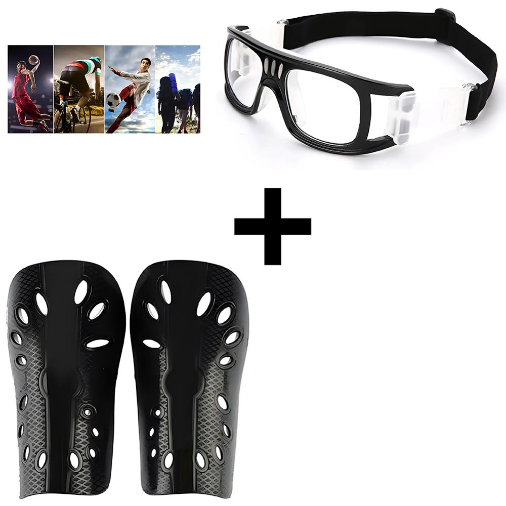 Marco Montura De Lentes Anti-Impacto Fútbol Transparente Negro + Canilleras de protección Fútbol