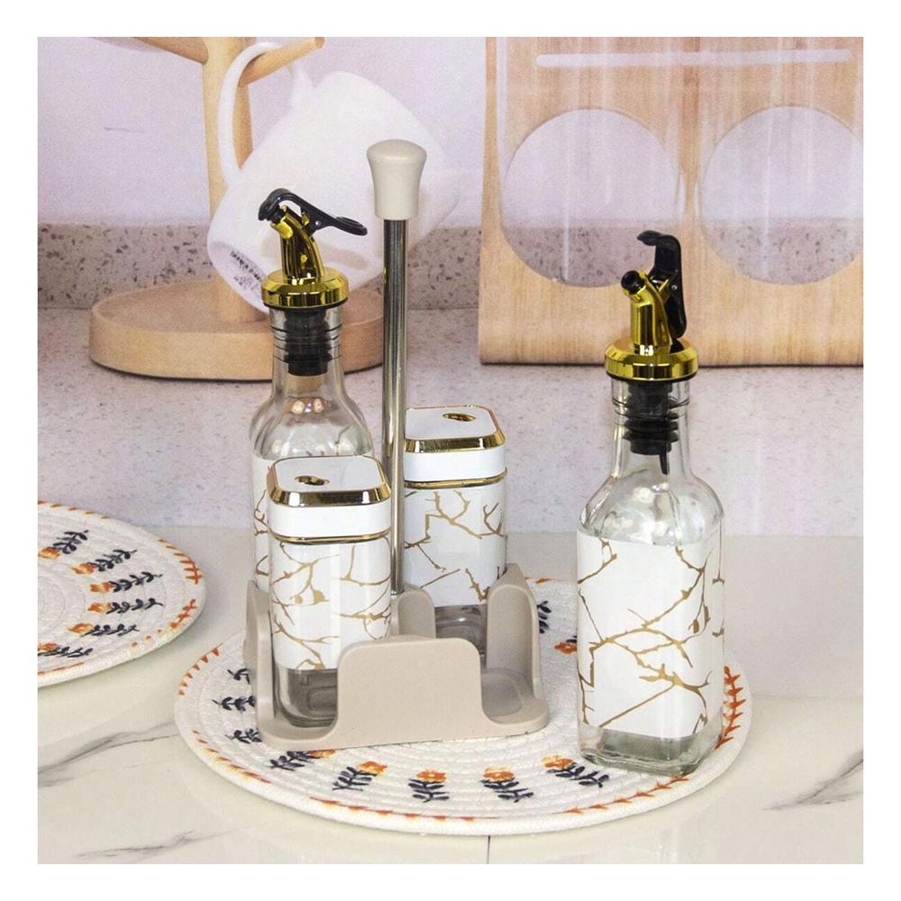 Set De Dispensador De Aceite Vinagre Y Condimenteros Especieros 4 Piezas Blanco