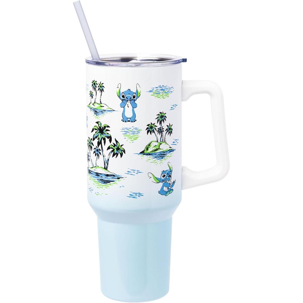 Lilo & Stitch | Vaso de acero inóxidable con asa y pajita | Blanco 40 OZ