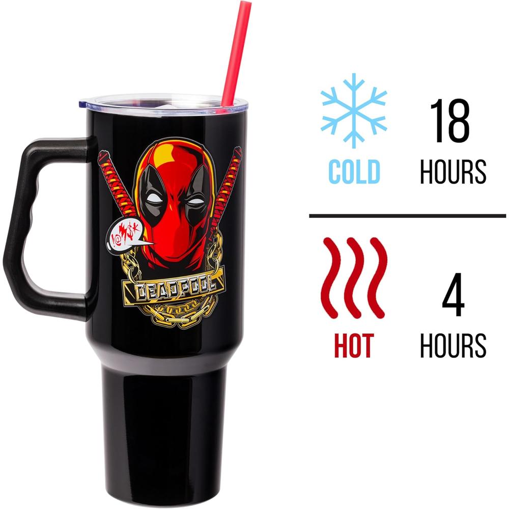 Marvel | Vaso de acero inóxidable con asa y pajita de 40 OZ | Deadpool