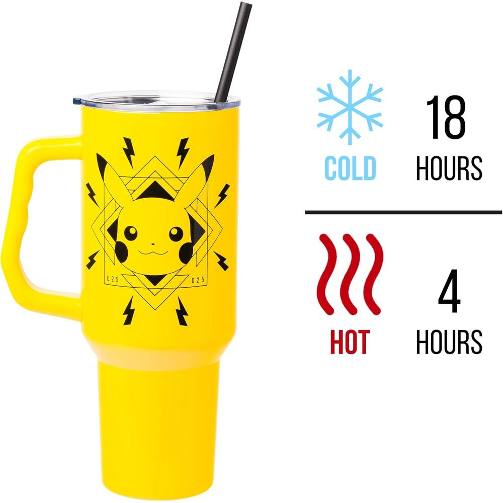 Pokemon | Vaso de acero inóxidable con asa y pajita de 40 OZ | Pikachu Yellow
