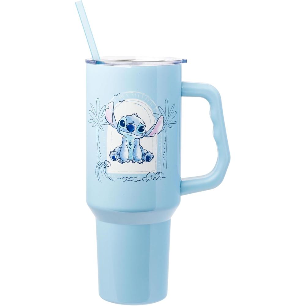 Lilo & Stitch | Vaso de acero inóxidable con asa y pajita de 40 OZ | Celeste
