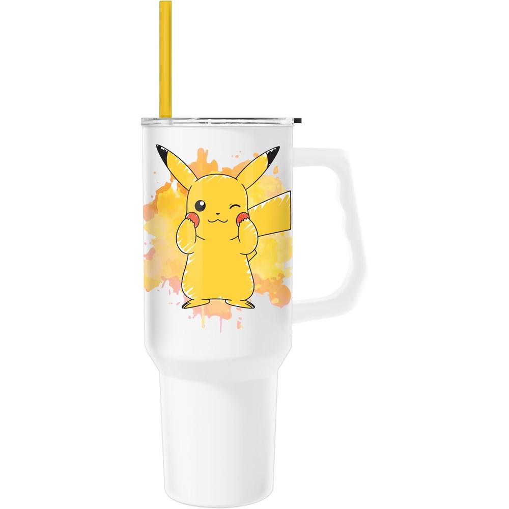 Pokemon | Vaso de acero inóxidable con asa y pajita de 40 OZ | Pikachu White