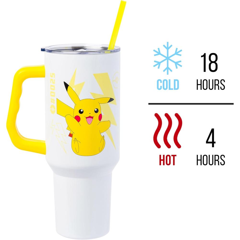 Pokemon | Vaso de acero inóxidable con asa y pajita de 40 OZ | Pikachu Yellow White