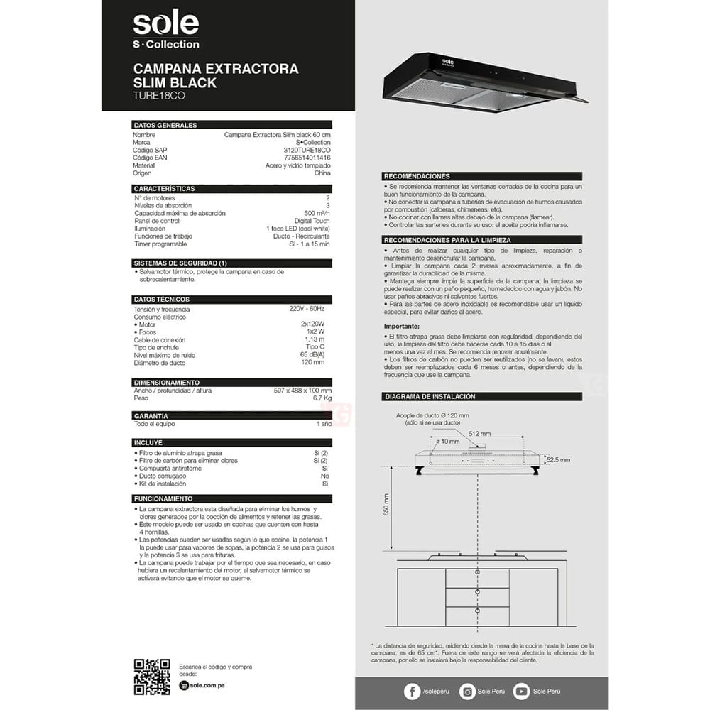 Campana Extractora Sole S-Collection TURE18CO 60 CM Slim Black