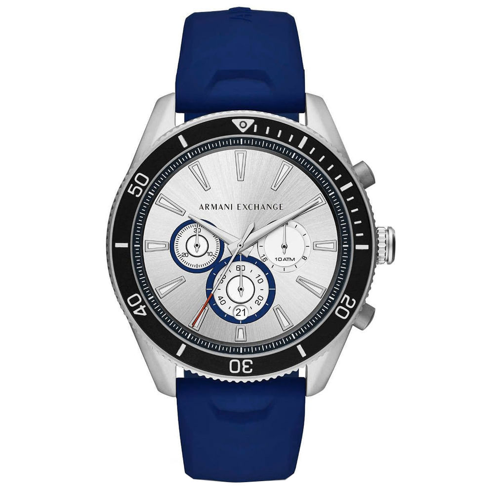 Reloj Armani Exchange Enzo AX1838 Fecha Cronometro Correa de Silicona Azul Dial Plateado