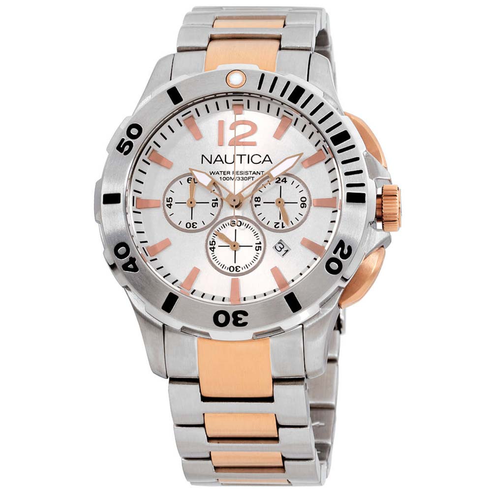 Reloj Nautica A27525G Fecha Cronometro Acero Inoxidable Plateado Oro Rosado Dial Plateado