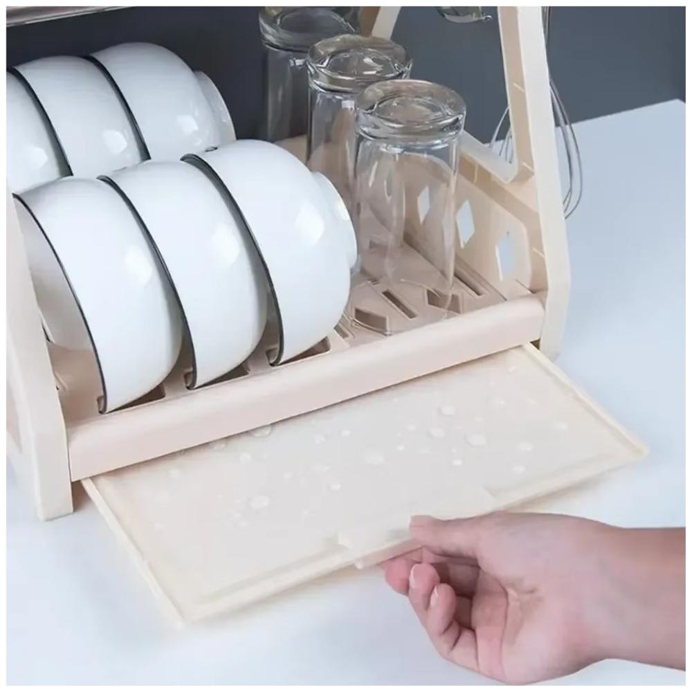 Escurridor de Platos Vajilla 2 Niveles con Soporte para Cubiertos y Bandeja de Goteo Crema