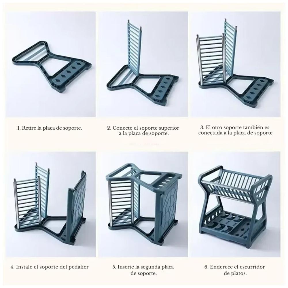 Escurridor de Platos Vajilla 2 Niveles con Soporte para Cubiertos y Bandeja de Goteo Azul