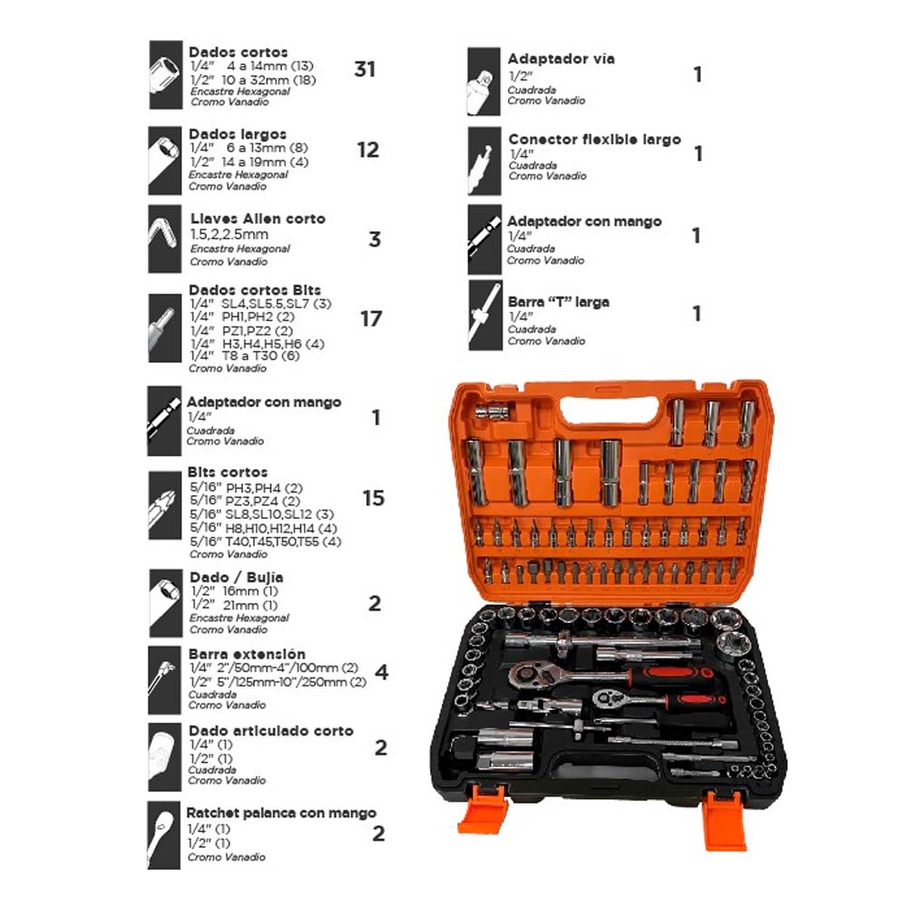 Juego Llave Ratchet + Dados 1/2"" - 1/4""+ Acc 94 Piezas Asaki ASK04970