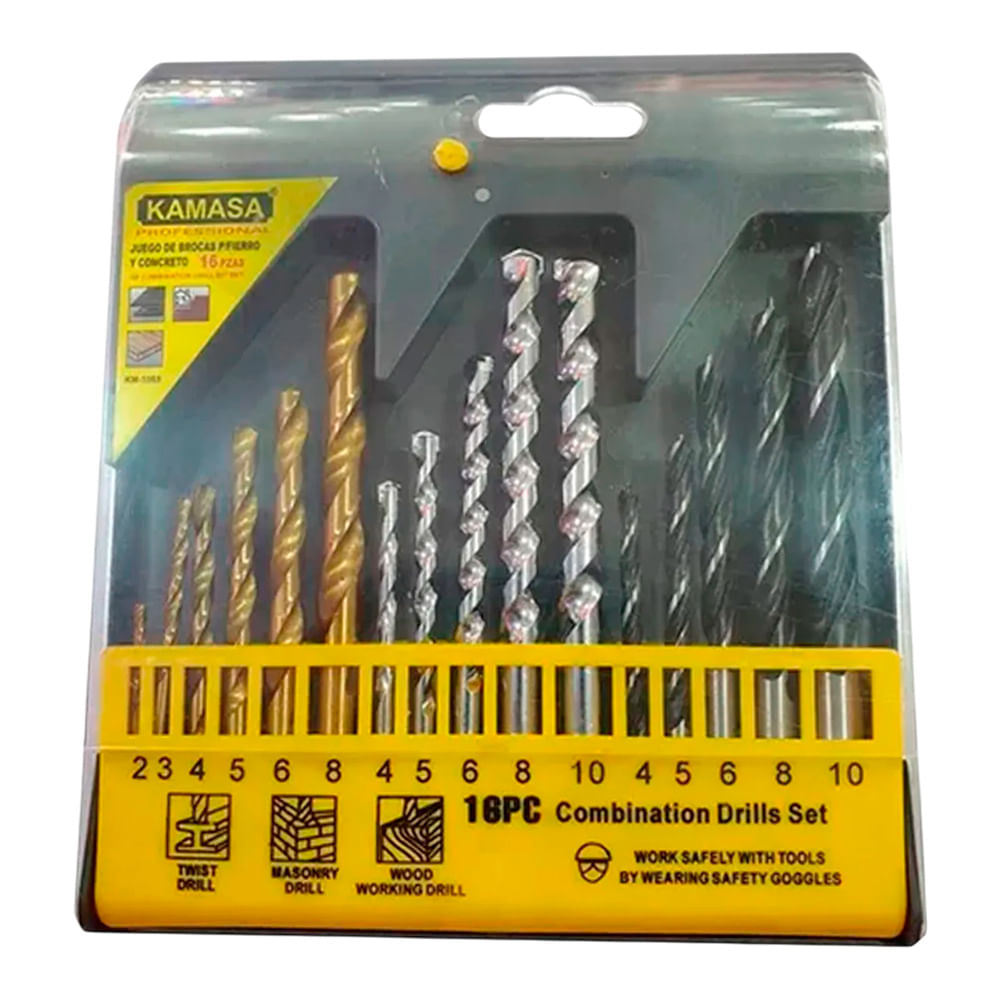 Juego De Brocas Kamasa Madera,Concreto y Metal 16 Pzs KM1065