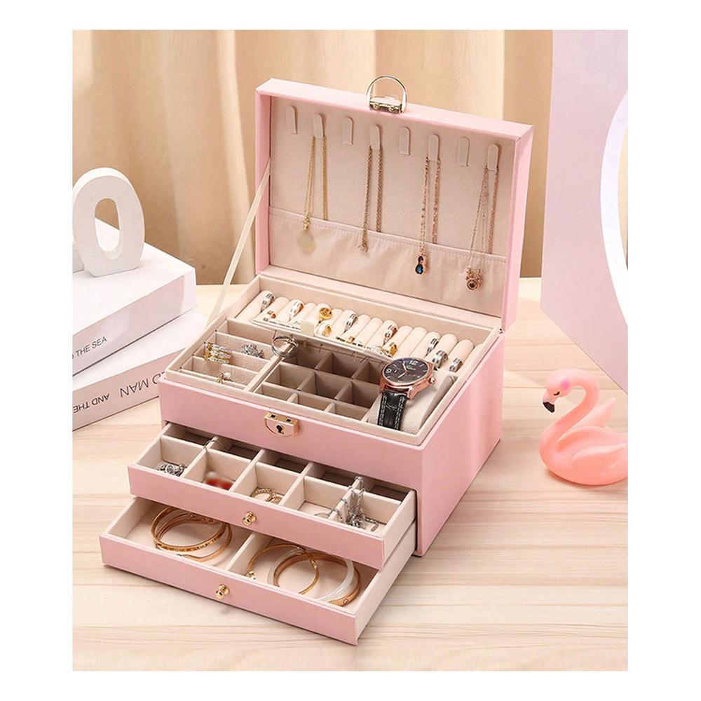 Joyero Organizador De Joyas Relojes Cofre Con Llave 3 Niveles - Rosa