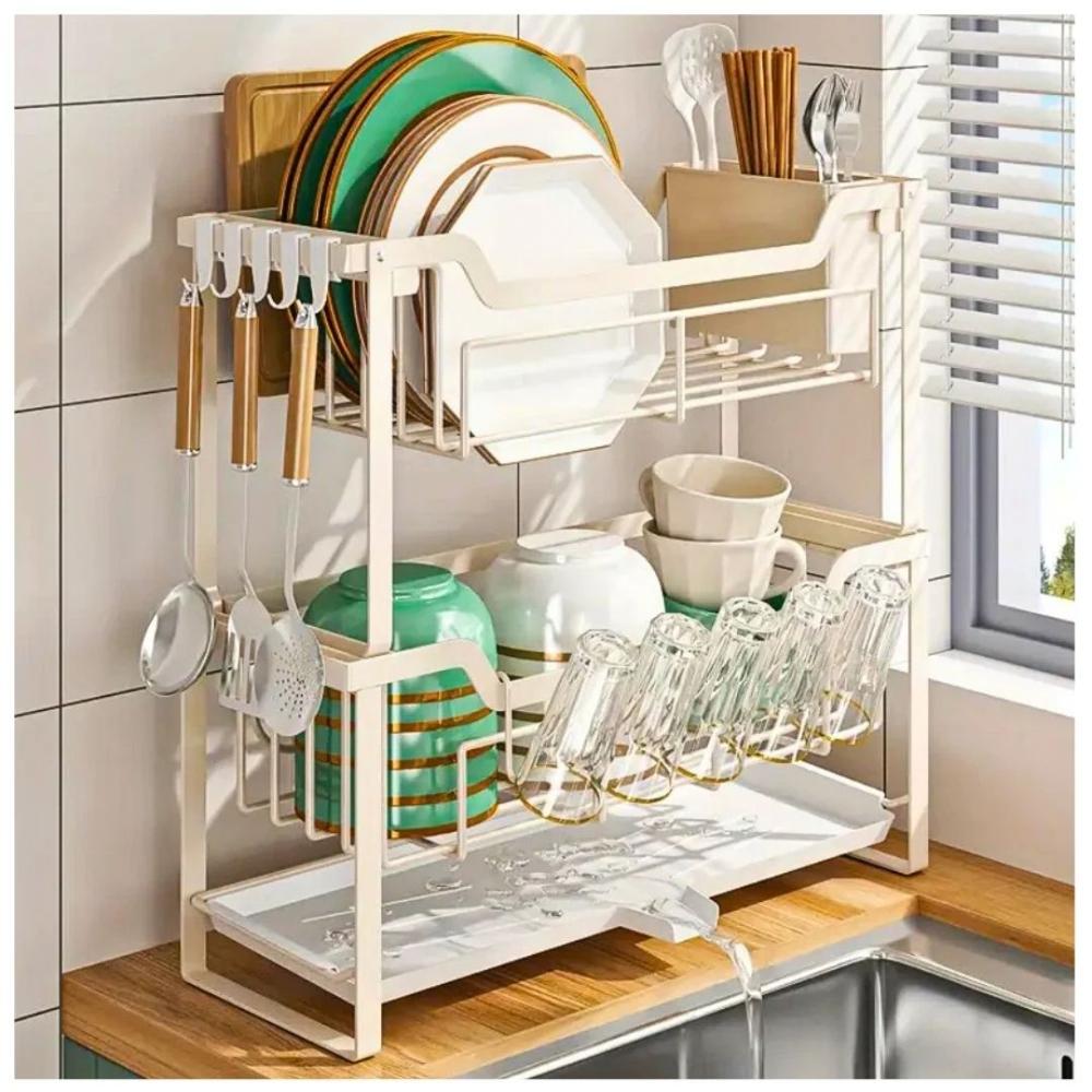 Escurridor de Platos Vasos 2 Niveles con Sistema de Drenaje Premium Crema