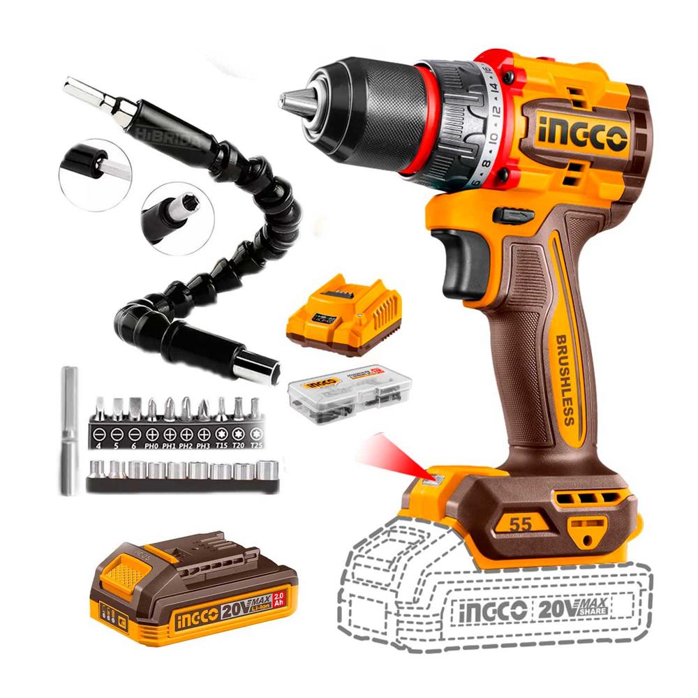 Taladro Inalámbrico 55nm Ingco 20v Brushless+ Extensor 21acs