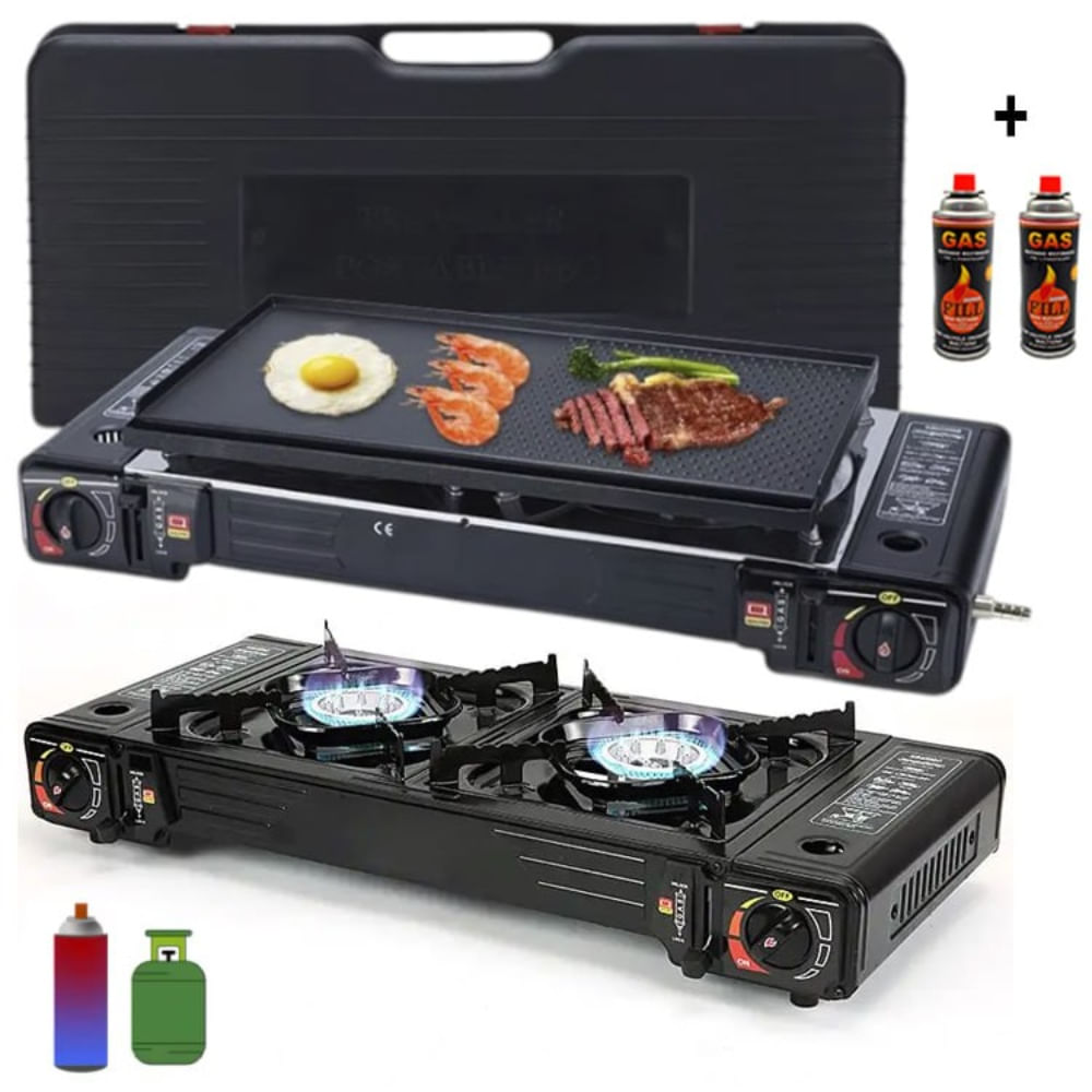 Cocina a Gas Portatil 2 Hornillas 2 en 1 con Parrilla + Gas